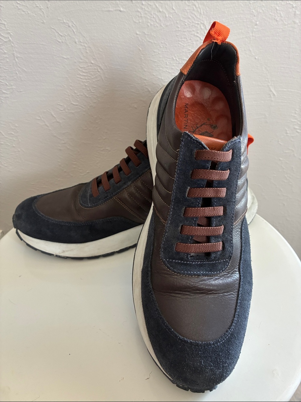 Martin Dingman Brown Leather & Navy Suede Sneakers with Orange Details
